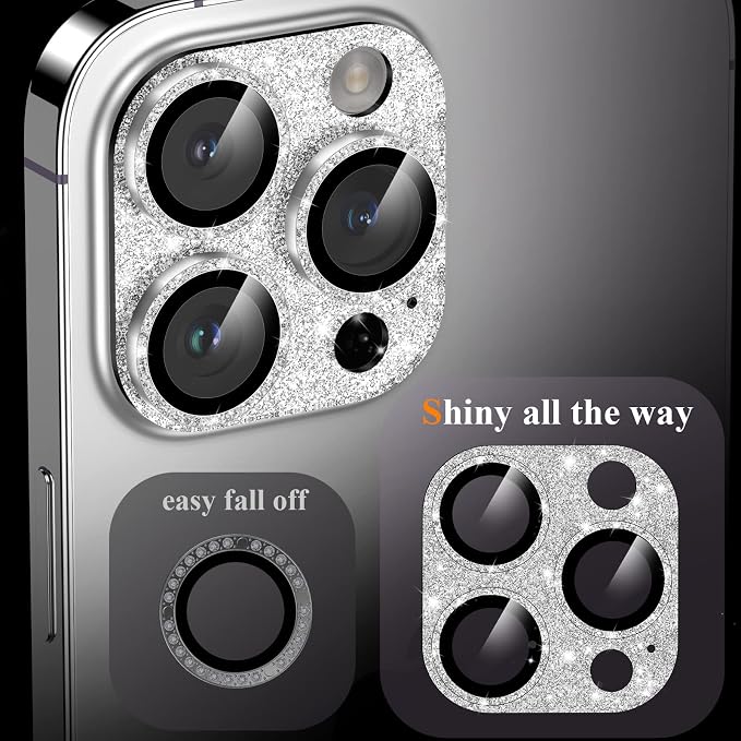 YWXTW for iPhone 14 Pro/iPhone 14 Pro Max Camera Lens Protector, [4TH Gen New Bling Design] Glitter Shiny Diamond Metal Ring Tempered Glass Back Camera Screen Protector Lens Cover (Silver)