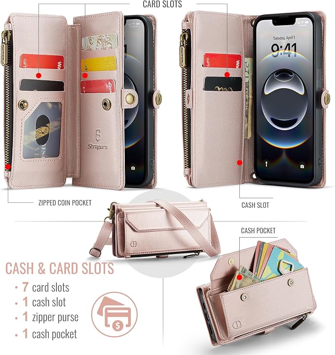Strapurs Crossbody Wallet Case Compatible with iPhone 17e / iPhone 16e RFID Blocking 7-Card Holder PU Leather Magnetic Snap Shoulder Strap Zipper Pocket Phone Cases for iPhone 17e / 16e - Rose Gold