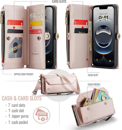 Strapurs Crossbody Wallet Case Compatible with iPhone 17e / iPhone 16e RFID Blocking 7-Card Holder PU Leather Magnetic Snap Shoulder Strap Zipper Pocket Phone Cases for iPhone 17e / 16e - Rose Gold