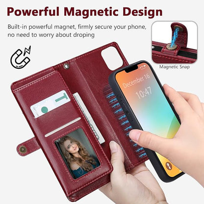 Wallet Case for iPhone 13 Pro with Card Holder/Crossbody Wallet/Strap| RFID Blocking | Magnetic | Kickstand | Detachable | PU Leather Phone Case for iPhone 13 Pro,6.1 in,Wine Red