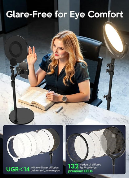 Ring Light for Online Teaching Video 2700-6500K Home Office Studio Light - Desktop & Phone Tripod Stand - High CRI 2-Point Lighting for Video Recording/Photography/Flexible Work
