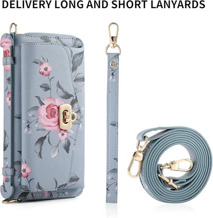 LITOU Compatible for Samsung Galaxy S26 Crossbody Phone Case,Detachable Magnetic,Card Holder,Zipper Leather Wallet Wrist Lanyard Strap Case for Women Men.BlueFlower
