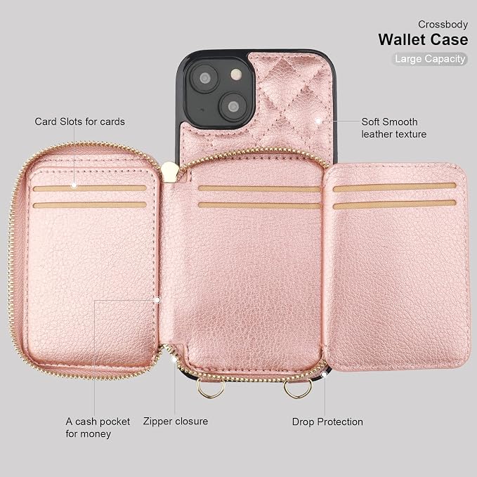 Bocasal Crossbody Wallet Case for iPhone 14 Plus, RFID Blocking PU Leather Zipper Handbag Purse Flip Cover, Kickstand Folio Case with Card Slots Holder Wrist Strap Lanyard 5G 6.7 Inch (Rose Gold)