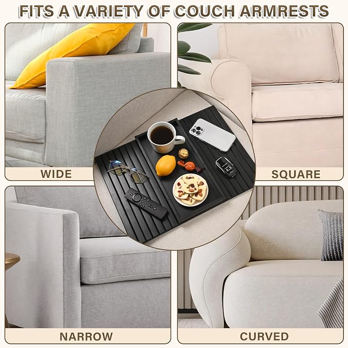 Bamboo Sofa Arm Tray, Anti-Dropping Couch Arm Tray, Foldable Sofa Armrest Tray Couch Arm Table for Eats, Drinks, Snacks, Remote, Cellphone, Cup Holder, Back Anti-Slip Pad Design