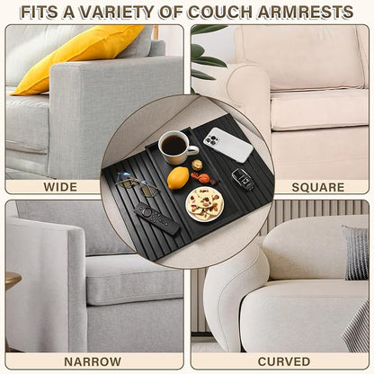 Bamboo Sofa Arm Tray, Anti-Dropping Couch Arm Tray, Foldable Sofa Armrest Tray Couch Arm Table for Eats, Drinks, Snacks, Remote, Cellphone, Cup Holder, Back Anti-Slip Pad Design