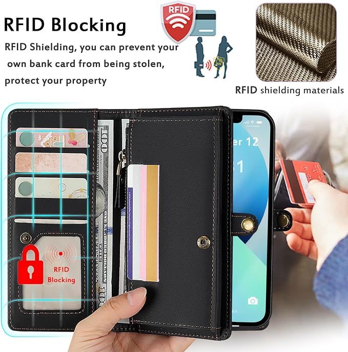 for Wallet Case Compatible with iPhone 13,Multi-Function Detachable 2 in 1 Magnetic iPhone 13 Case Wallet,Flip Strap Zipper Card Holder Phone Case with Shoulder Straps (Black)