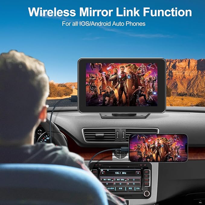Wireless CarPlay & Android Auto Car Stereo - 7" HD Portable Touchscreen with Bluetooth 5.2, GPS Navigation, Mirror Link, Backup Camera, AUX & FM - Plug & Play for All Vehicles
