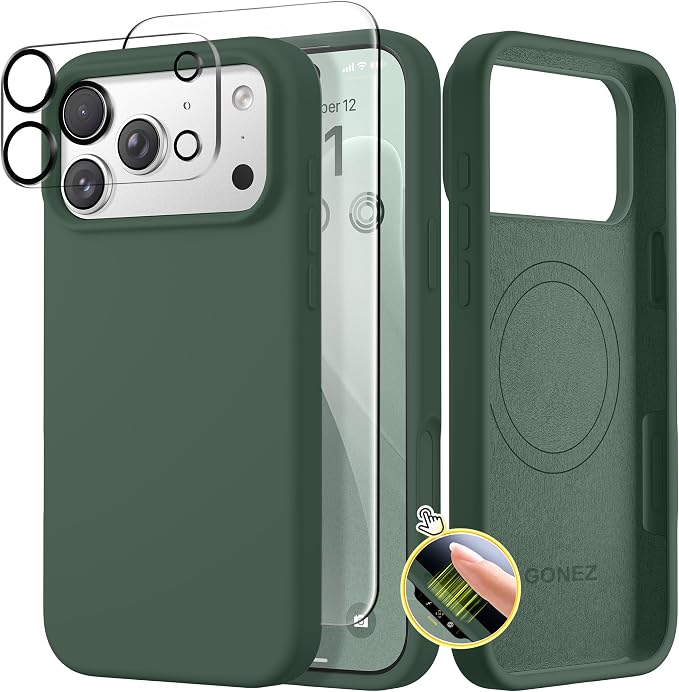 GONEZ Magnetic for iPhone 17 Pro Case, Compatible with MagSafe, [Screen Protector + Camera Lens Protector], Liquid Silicone Anti-Scratch Shockproof Protective Phone Case 6.3 inch, Army Green