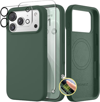 GONEZ Magnetic for iPhone 17 Pro Case, Compatible with MagSafe, [Screen Protector + Camera Lens Protector], Liquid Silicone Anti-Scratch Shockproof Protective Phone Case 6.3 inch, Army Green
