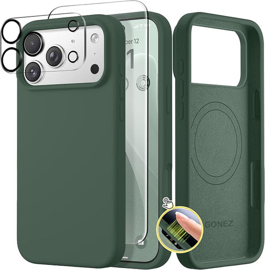 GONEZ Magnetic for iPhone 17 Pro Case, Compatible with MagSafe, [Screen Protector + Camera Lens Protector], Liquid Silicone Anti-Scratch Shockproof Protective Phone Case 6.3 inch, Army Green