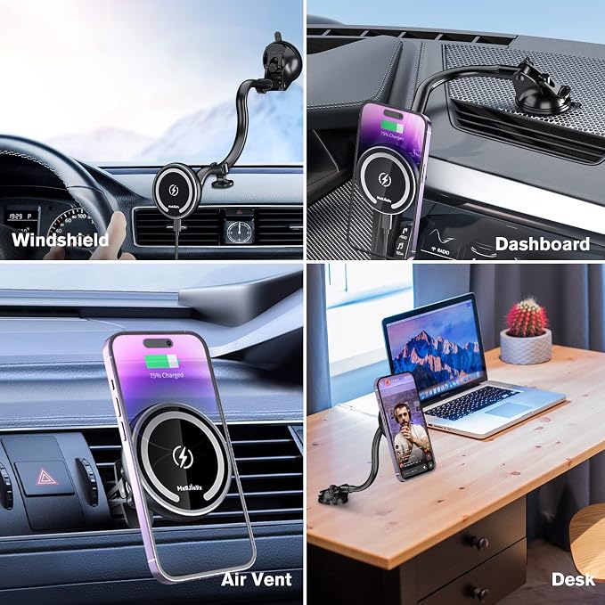 Fits Car Mount Wireless Charger, Gooseneck Long Arm Suction Cup, Fast Charging Strong Magnets Car Phone Holder,Dash/Vent/Windshield for iPhone 15/14/13/12,Pro Max,Plus,Mini,MagSafe Case