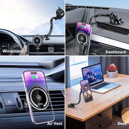 Fits Car Mount Wireless Charger, Gooseneck Long Arm Suction Cup, Fast Charging Strong Magnets Car Phone Holder,Dash/Vent/Windshield for iPhone 15/14/13/12,Pro Max,Plus,Mini,MagSafe Case