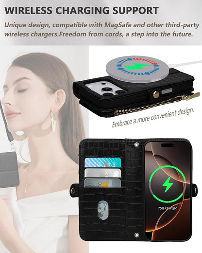 Crossbody Wallet Case for iPhone 17 Pro with Mirror, Wrist Strap, Zipper Purse Magnetic Flip, RFID Blocking Card Holder, Wireless Charging, PU Leather Shockproof 6.3" Women (Black)