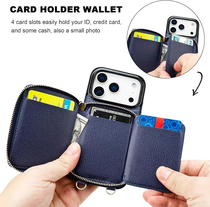 Bocasal Crossbody Wallet Case for iPhone 17 Pro, RFID Blocking PU Leather Zipper Handbag Purse Flip Cover, Kickstand Folio Case with Card Slots Holder Wrist Strap Lanyard 5G 6.3 Inch (Dark Blue)