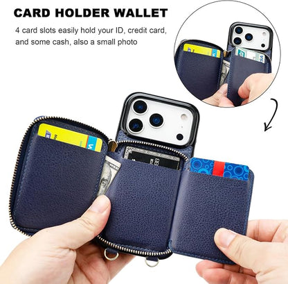 Bocasal Crossbody Wallet Case for iPhone 17 Pro, RFID Blocking PU Leather Zipper Handbag Purse Flip Cover, Kickstand Folio Case with Card Slots Holder Wrist Strap Lanyard 5G 6.3 Inch (Dark Blue)