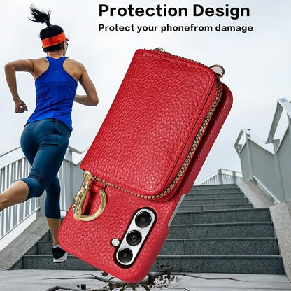Wallet Case for Samsung Galaxy A34 5G with Shoulder Strap Ring Buckle, Luxury PU Leather Zipper Flip Organ Purse Credit Card Holder Stand Full Body Cell Phone Cover for A 34 34A Women Men Red