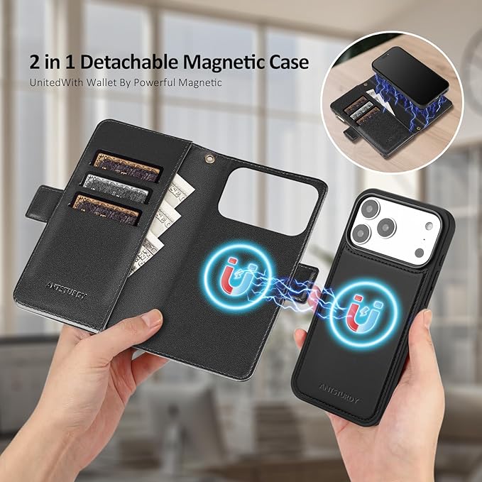 Antsturdy Compatible with Magsafe Magnetic 2 in 1 Detachable iPhone 17 Pro Wallet Case with Credit Card Holder Slots,PU Leather RFID Blocking Phone Cover Wrist Strap Zipper Women Men,Black