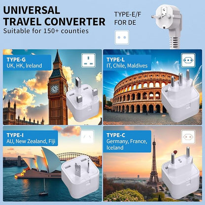 2000W Voltage Converter US to Europe, 220V to 110V Converter for European Travel with 3 AC 2 USBC 2 USBA Ports, European Travel Plug Adapter with Type C/G/I/L Power Plugs (White)
