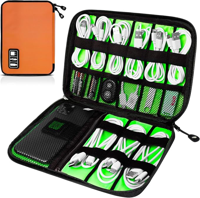 Cord Organizer Travel, Electronics Organizer Tech Pouch - Portable Cable Organizer Bag for Cords, Charger, Phone, SD Card, Power Bank for Travel & Daily Use -Orange Green