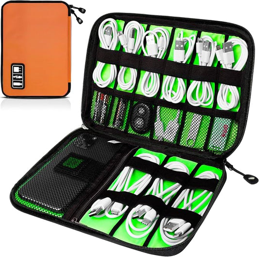 Cord Organizer Travel, Electronics Organizer Tech Pouch - Portable Cable Organizer Bag for Cords, Charger, Phone, SD Card, Power Bank for Travel & Daily Use -Orange Green