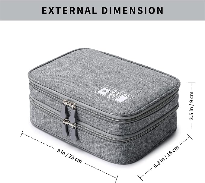 mygreen Electronic Accessories Organizer Bag, Waterproof Double Layer Travel Storage Case with Adjustable Padded Dividers, Portable Hard Pouch for Cables, Charger, Power Bank, Phone, Hard Drive Gray