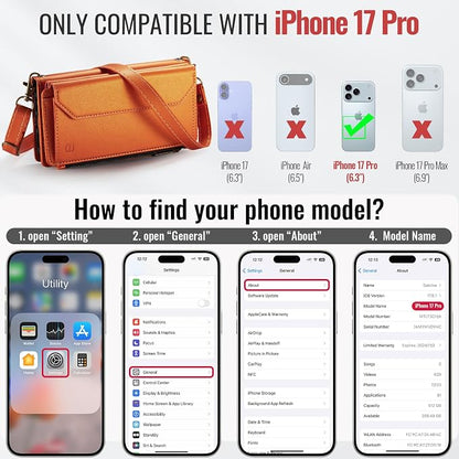 Strapurs Wallet Case Compatible with iPhone 17 Pro 6.3" RFID Blocking 9-Card Holder Soft PU Leather Magnetic Snap Shoulder Strap Zipper Pocket Phone Case Fit for iPhone 17 Pro for Women - Orange