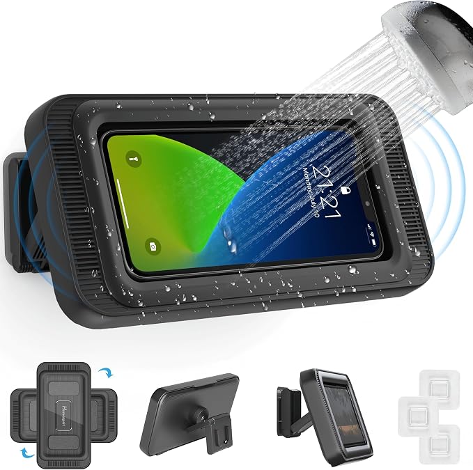 Waterproof Shower Phone Holder with 480° Rotation | Enhanced Sound Quality | Adjustable Arm Stand | Fits up to 7" Screens(Black)