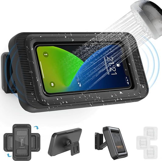 Waterproof Shower Phone Holder with 480° Rotation | Enhanced Sound Quality | Adjustable Arm Stand | Fits up to 7" Screens(Black)