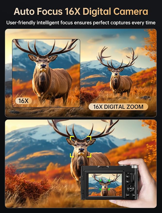 4K Digital Camera for Photography, 64MP Autofocus WiFi Vlogging Camera for YouTube with 3'' 180° Flip Screen,Travel Camera with SD Card, Point and Shoot Digital Camera 16X Zoom, UV Filter,2 Batteries