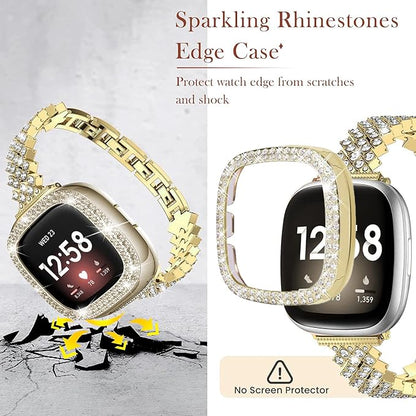 Bling Watch Band Compatible with Fitbit Versa 3/ Fitbit Sense for Women, Adjustable Crystal Alloy Strap Rhinestone Stainless Steel Metal Wristband for Fitbit Sense/Versa 3 (Gold, Versa 3/Sense)