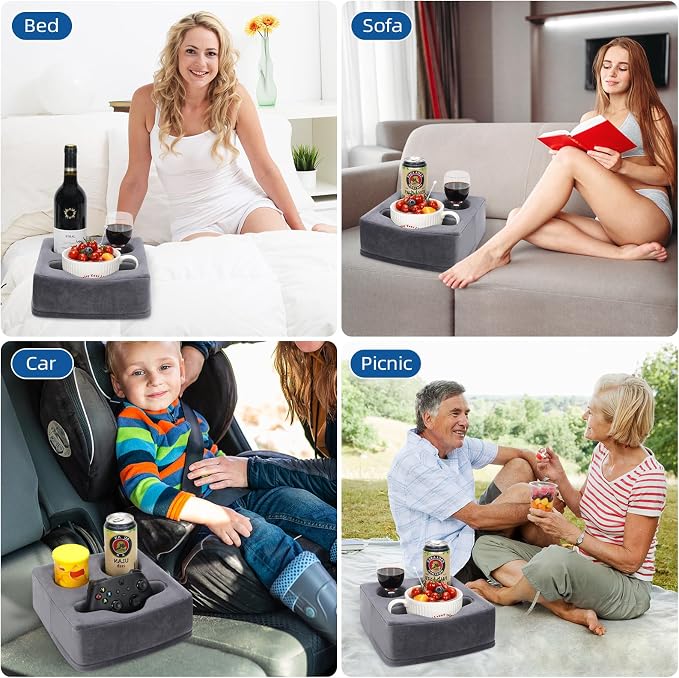 G GOOD GAIN Couch Cup Holder Pillow, Spill-Proof Sofa Drink Cup Holder & Multi-Use Organizer for Sofa, Bed, Car, Beach - Holds Mugs, Phone, Snacks, Remote Control, KeepTemp Design (Grey)
