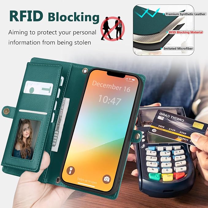 Wallet Case for iPhone 13 Pro with Card Holder/Crossbody Wallet/Strap| RFID Blocking | Magnetic | Kickstand | Detachable | PU Leather Phone Case for iPhone 13 Pro,6.1 in,Green