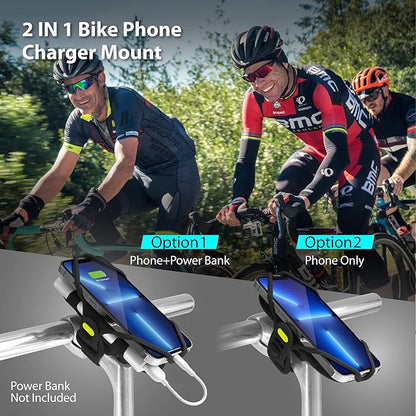 BONE Bike Tie Pro Pack 2, Bike Phone + Charger Mount for Stem, Scratch-Free Silicone & Shock-Absorbing Design, Cycling iPhone + Power Bank Holder Compatible with Most Smartphones (Black)