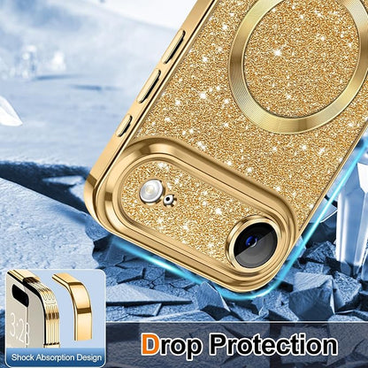 Hython for iPhone Air Case Glitter Clear Magnetic Phone Cases [Compatible with MagSafe] Full Camera Lens Protector Sparkle Luxury Plating Slim Shockproof Protective Cover Women, Gold