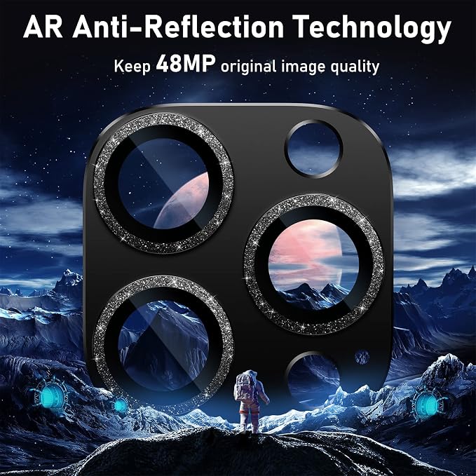 UniqueMe for iPhone 13 Pro/iPhone 13 Pro Max Camera Lens Protector, [Strong Drop Protection] Metal Ring Tempered Glass Rear Camera Screen Cover - Bling Cicrle, Black