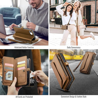 Strapurs Crossbody Wallet Case Compatible with iPhone 17e / iPhone 16e RFID Blocking 7-Card Holder PU Leather Magnetic Snap Shoulder Strap Zipper Pocket Phone Cases for iPhone 17e / 16e - Brown