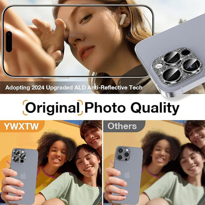 YWXTW for iPhone 16 Pro/iPhone 16 Pro Max Camera Lens Protector, [New Glitter Design] Full Bling Sparkly Diamond Tempered Glass Screen Protector Metal Camera Cover Accessories (Natural Titanium)