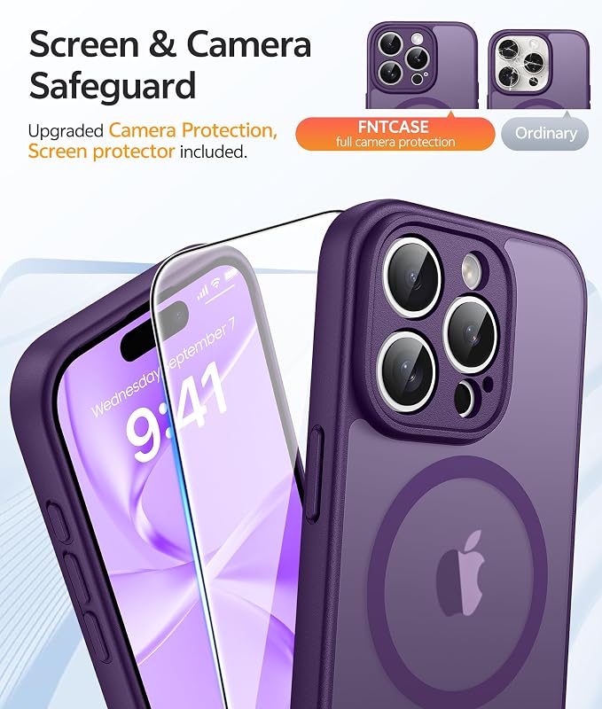FNTCASE for iPhone 15 Pro Max Case: [Compatible with Magsafe] Translucent Matte Cases with [Full Camera Protection] [Screen Protector] Military Grade Shockproof Protective Phone Cover - Purple