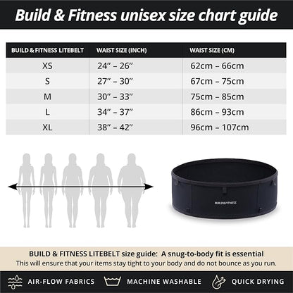 Build & Fitness LiteBelt Running Belt – 4 Quick Top-Access Pockets –Flip Waist Pack, Running Phone Holder – Fits All Size Phones, Keys, Cards, Earpods, GUs – for Men and Women (Black, M)
