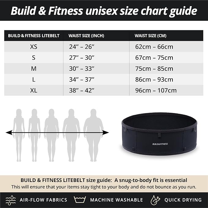 Build & Fitness LiteBelt Running Belt – 4 Quick Top-Access Pockets –Flip Waist Pack, Running Phone Holder – Fits All Size Phones, Keys, Cards, Earpods, GUs – for Men and Women (Black, XS)