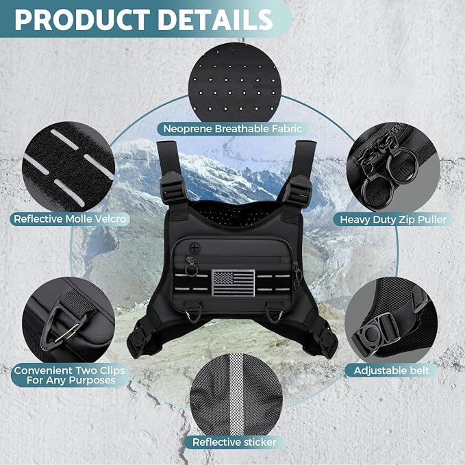 Muserise Sports Chest Bag For Men, Water Resistant Lightweight Front Running Vest Bag With Built-In Phone Holder & Extra Storage For Workouts, Cycling (Black)