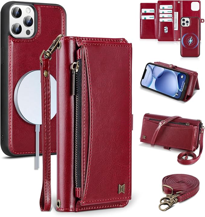 Wallet Case for iPhone 12 Pro Max with Card Holder/Crossbody Wallet/Strap| RFID Blocking | Magnetic | Kickstand | Detachable | PU Leather Phone Case for iPhone 12 Pro Max,6.7 in,Wine Red