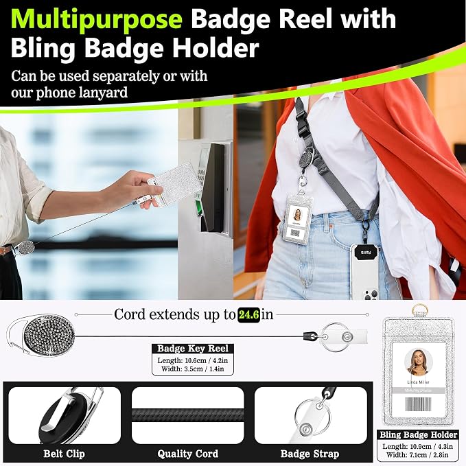 Azrra Adjustable Crossbody Cell Phone Lanyard for iPhone with Phone Tethers & Retractable ID Badge Card Holder (Grey)