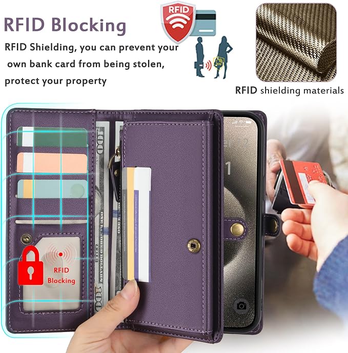 for Wallet Case Compatible with iPhone 15 Pro Max,Multi-Function Detachable 2 in 1 Magnetic iPhone 15 Pro Max Case Wallet,Flip Strap Zipper Card Holder Phone Case with Shoulder Straps (Pruple)