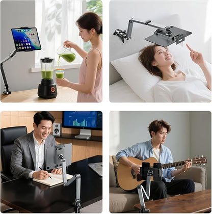 Aluminum Foldable Arm Tablet Stand, 360° Rotatable Phone Holder iPad Stand, Adjustable Tablet Mount for 4.7"-13" iPad, iPhone, Galaxy Tab, Compatible with Desk Bedside Kitchen, Gray