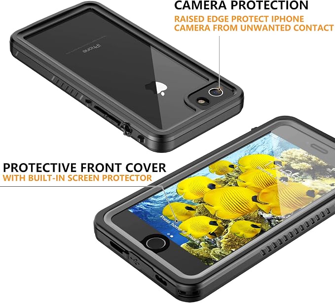 for iPhone SE 2022/SE 2020/iPhone 7/8 Waterproof Shockproof Case with Built-in Screen Protector, Full Body Heavy Duty Protective Phone Case for iPhone SE/8/7 (Black/Clear)