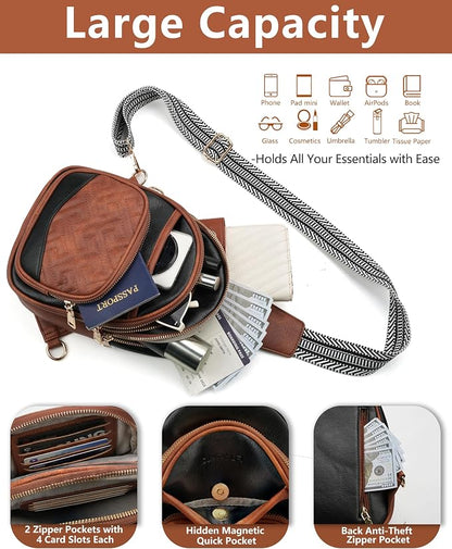 Anti Theft Crossbody Bags for Women, RFID Vegan Leather Sling Purse for Travel, Chest Bag, Cross Body Purses & Fanny Packs(Brown＆Black) | Multi-Pocket, 8 RFID Card Slots, Structured bag, Quilted Design