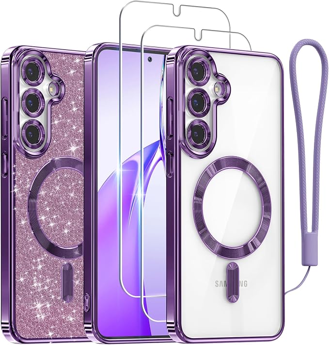 Meifigno Case Designed for Samsung Galaxy S25 6.2 inch, [Compatible with MagSafe] [2X HD Screen Protectors] [Glitter Card & Wrist Strap] Surround Lens Protection Case for Samsung Galaxy S25, Purple