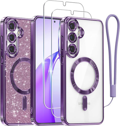 Meifigno Case Designed for Samsung Galaxy S25 6.2 inch, [Compatible with MagSafe] [2X HD Screen Protectors] [Glitter Card & Wrist Strap] Surround Lens Protection Case for Samsung Galaxy S25, Purple