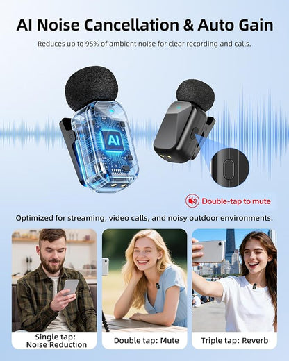 Mini Wireless Lavalier Microphone for iPhone Android Camera, Dual Channel Wireless Microphones with AI Noise Cancellation, 328ft Range, 36H Battery Case, Type-C, Lightning & USB Plug & Play